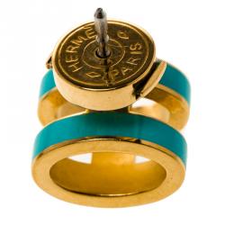 Pre Owned Hermes Pop H Turquoise Lacquered Gold Plated Stud Earrings
