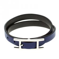Pre Owned Hermès Hapi 3 MM Blue & Grey Leather Palladium Plated Wrap Bracelet PM