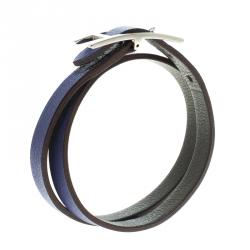 Pre Owned Hermès Hapi 3 MM Blue & Grey Leather Palladium Plated Wrap Bracelet PM