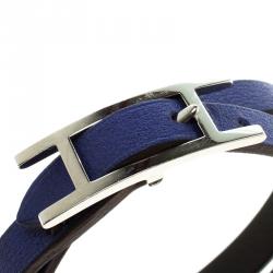 Pre Owned Hermès Hapi 3 MM Blue & Grey Leather Palladium Plated Wrap Bracelet PM