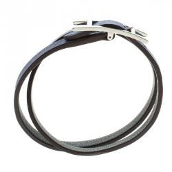 Pre Owned Hermès Hapi 3 MM Blue & Grey Leather Palladium Plated Wrap Bracelet PM
