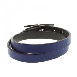 Pre Owned Hermès Hapi 3 MM Blue & Grey Leather Palladium Plated Wrap Bracelet PM