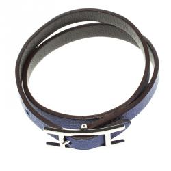 Pre Owned Hermès Hapi 3 MM Blue & Grey Leather Palladium Plated Wrap Bracelet PM