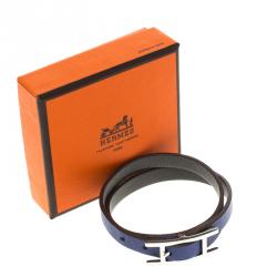 Pre Owned Hermès Hapi 3 MM Blue & Grey Leather Palladium Plated Wrap Bracelet PM