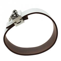 Pre Owned Hermes Imprévisible White Leather Palladium Plated Wide Bracelet