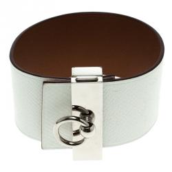 Pre Owned Hermes Imprévisible White Leather Palladium Plated Wide Bracelet