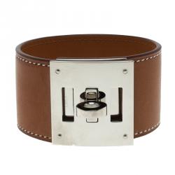 Pre Owned Hermes Kelly Dog Brown Leather Palladium Plated Wide Bracelet