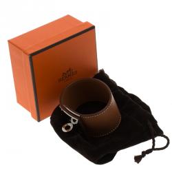 Pre Owned Hermes Kelly Dog Brown Leather Palladium Plated Wide Bracelet