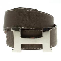 Pre Owned Hermes Brown/Beige Leather Palladium Contance Reversible Belt 90 CM