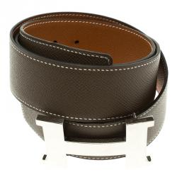 Pre Owned Hermes Brown/Beige Leather Palladium Contance Reversible Belt 90 CM
