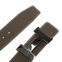 Pre Owned Hermes Brown/Beige Leather Palladium Contance Reversible Belt 90 CM