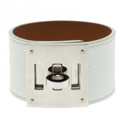Pre Owned Hermes Kelly Dog White Leather Palladium Plated Wide Bracelet