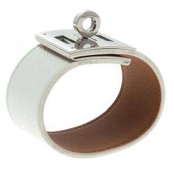 Pre Owned Hermes Kelly Dog White Leather Palladium Plated Wide Bracelet
