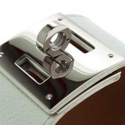 Pre Owned Hermes Kelly Dog White Leather Palladium Plated Wide Bracelet