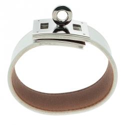Pre Owned Hermes Kelly Dog White Leather Palladium Plated Wide Bracelet