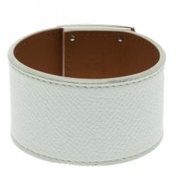Pre Owned Hermes Kelly Dog White Leather Palladium Plated Wide Bracelet