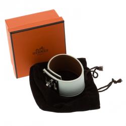 Pre Owned Hermes Kelly Dog White Leather Palladium Plated Wide Bracelet