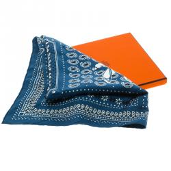 Pre Owned Hermes Curacao Blue Printed Silk Ecuries Parisiennes Bandana 