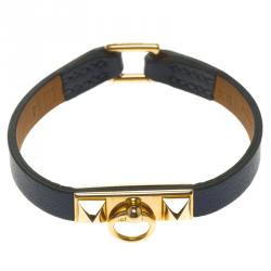 Pre Owned Hermes Micro Rivale Blue Leather Bracelet XS
