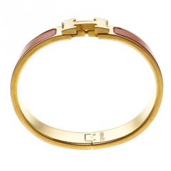 Pre Owned Hermes Clic Clac H Orange Enamel Gold Plated Narrow Bracelet PM