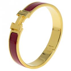 Pre Owned Hermes Clic Clac H Narrow Red Enamel Gold-Plated Bracelet PM