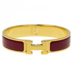 Pre Owned Hermes Clic Clac H Narrow Red Enamel Gold-Plated Bracelet PM