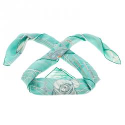 Pre Owned Hermes Tuiga Mint Green Printed Silk Square Scarf