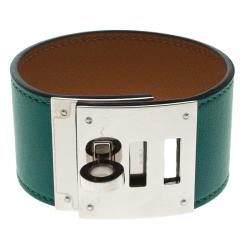 Pre Owned Hermes Kelly Dog Green Leather Palladium Plated Wide Bracelet