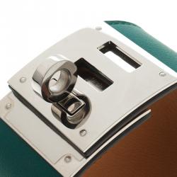Pre Owned Hermes Kelly Dog Green Leather Palladium Plated Wide Bracelet