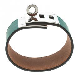 Pre Owned Hermes Kelly Dog Green Leather Palladium Plated Wide Bracelet