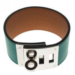 Pre Owned Hermes Kelly Dog Green Leather Palladium Plated Wide Bracelet