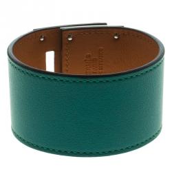 Pre Owned Hermes Kelly Dog Green Leather Palladium Plated Wide Bracelet