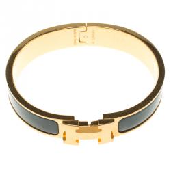 Pre Owned Hermes Clic Clac H Blue Enamel Gold Tone  Narrow Bracelet PM