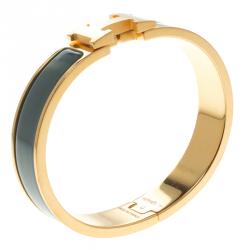 Pre Owned Hermes Clic Clac H Blue Enamel Gold Tone  Narrow Bracelet PM