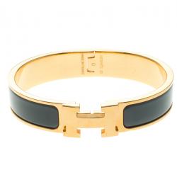 Pre Owned Hermes Clic Clac H Blue Enamel Gold Tone  Narrow Bracelet PM