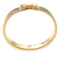 Pre Owned Hermes Clic Clac H Blue Enamel Gold Tone  Narrow Bracelet PM