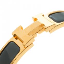 Pre Owned Hermes Clic Clac H Blue Enamel Gold Tone  Narrow Bracelet PM