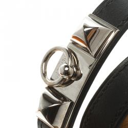Pre Owned Hermes Rivale Double Tour Black Leather Palladium Plated Bracelet
