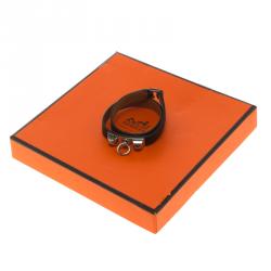 Pre Owned Hermes Rivale Double Tour Black Leather Palladium Plated Bracelet