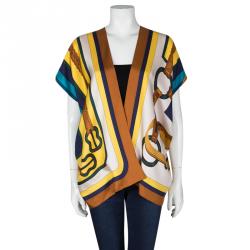 Hermes Multicolor Horsebit Printed Silk Open Front Square Blouse ( One Size )