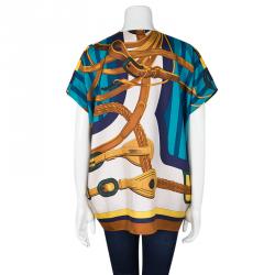 Hermes Multicolor Horsebit Printed Silk Open Front Square Blouse ( One Size )