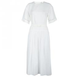 Pre Owned Hermes White Cotton-Linen Belted Dress S