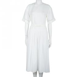 Pre Owned Hermes White Cotton-Linen Belted Dress S