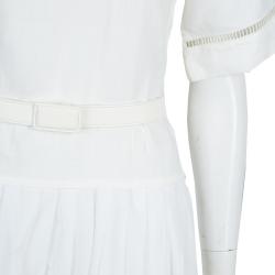 Pre Owned Hermes White Cotton-Linen Belted Dress S
