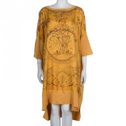 Pre Owned Hermes Orange Printed Silk Wool Dress OS