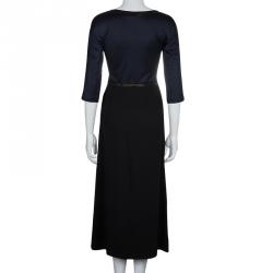 Hermes Black Leather Trim Detail Long Sleeve Dress S