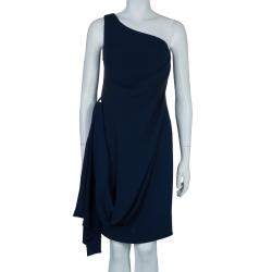 Pre Owned Hermes Blue Silk Knit One Shoulder Draped Dress S