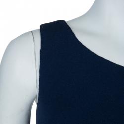 Pre Owned Hermes Blue Silk Knit One Shoulder Draped Dress S