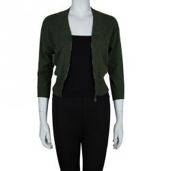 Pre Owned Hermes Olive Green Zip Front Cropped Cashmere Cardigan S