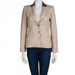 Hermes Beige Camel Hair Leather Trim Blazer S